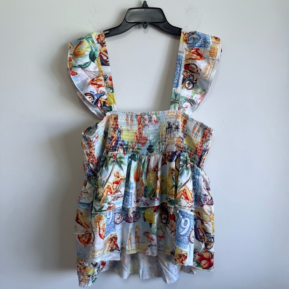 Vintage Kitschy Retro Beach Print Smocked Peplum Tiered Top Plus Size 2X - Picture 4 of 5